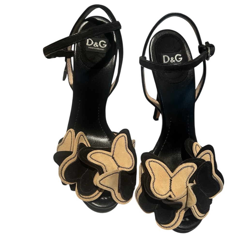 D&G Black Suede Butterfly Embellished Ankle Strap 4.5” Heel